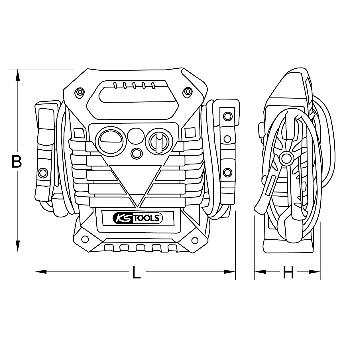 Technische Zeichnung eines KS TOOLS Stromaggregats mit Maßangaben (B, L, H).